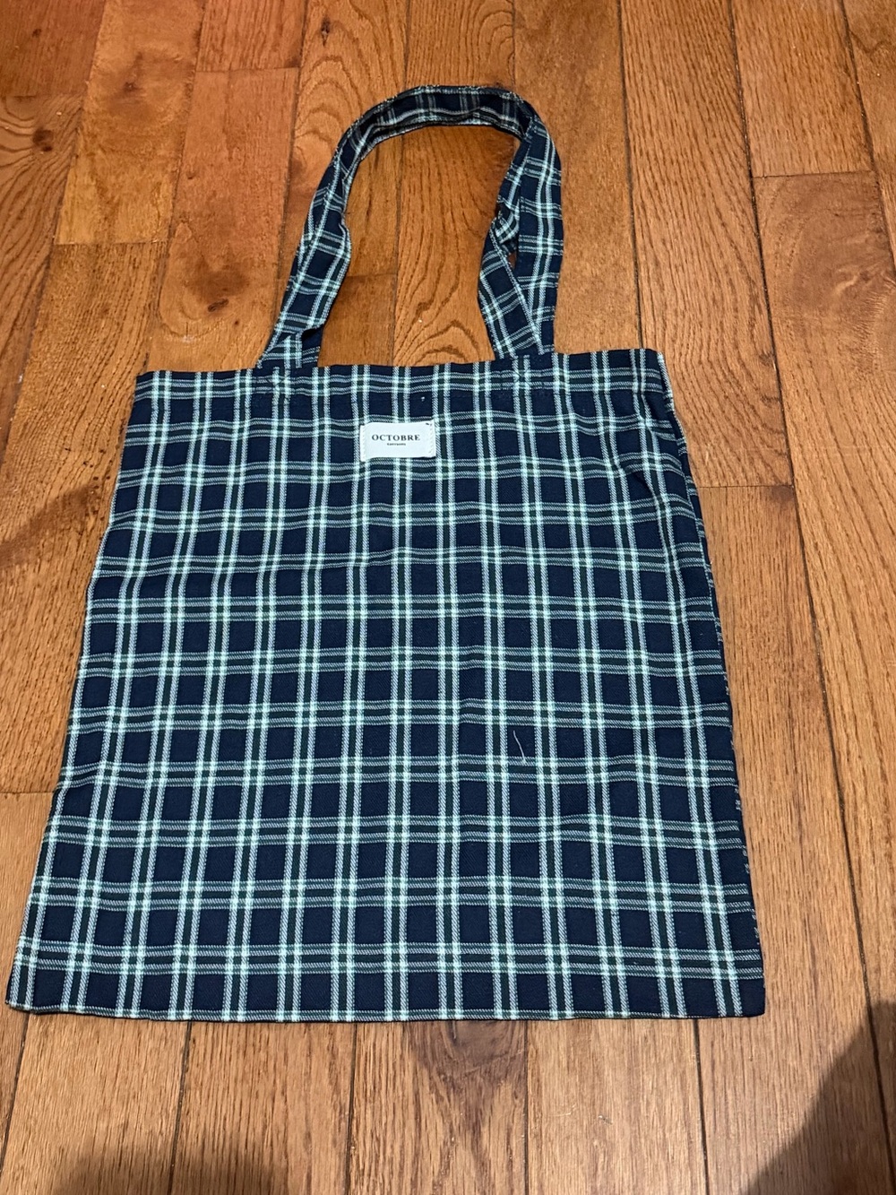 Plaid Cotton Tote Bag in Navy and Cream